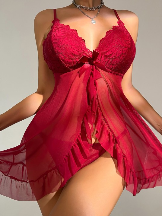 Kadın Bordo Dantelli, Fırfırlı Tül Ve Fiyonk Detaylı Tangalı Gecelik Takımı