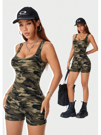 Kadın Kamuflaj Desenli Kalın Askılı Şortlu Tulum Gecelik – Modern ve Şık Tasarım