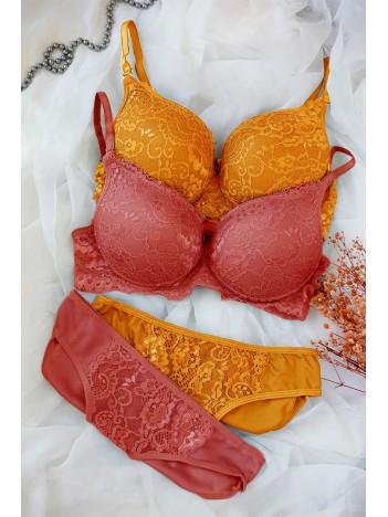 Kadın Hardal Ve Kiremit Rengi Dolgulu Balenli Sütyen Külot 2'li Paket – Modern Ve Şık Tasarım