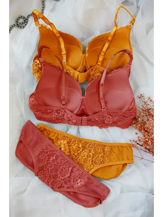 Kadın Hardal Ve Kiremit Rengi Dolgulu Balenli Sütyen Külot 2'li Paket – Modern Ve Şık Tasarım