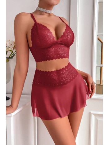 Kadın Bordo Dantel ve Tül Detaylı Etekli Şık Gecelik Takımı – Modern, Konforlu