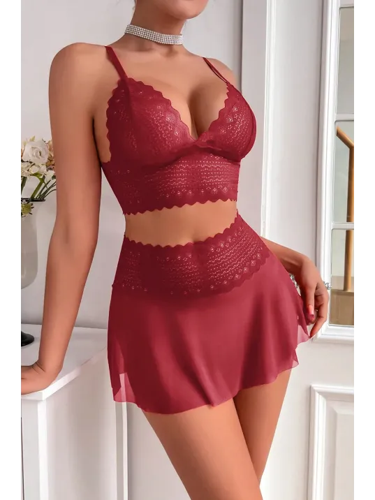 Kadın Bordo Dantel Ve Tül Detaylı Etekli Şık Gecelik Takımı – Modern, Konforlu