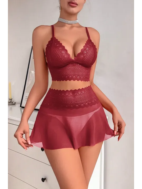 Kadın Bordo Dantel Ve Tül Detaylı Etekli Şık Gecelik Takımı – Modern, Konforlu