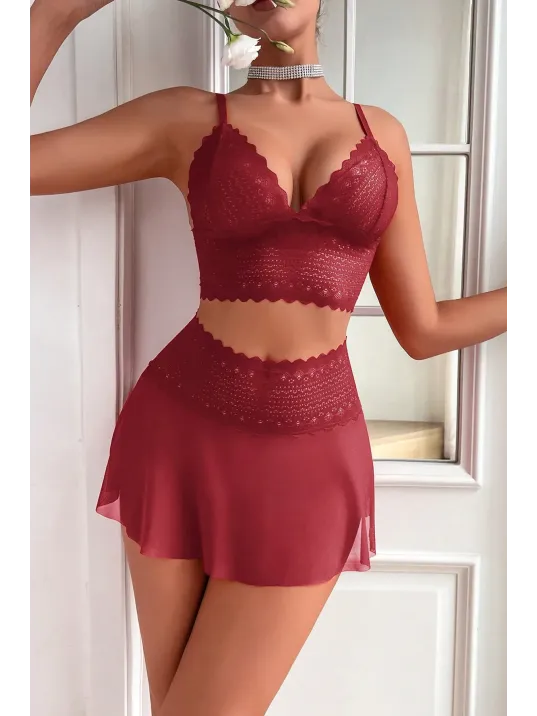 Kadın Bordo Dantel Ve Tül Detaylı Etekli Şık Gecelik Takımı – Modern, Konforlu
