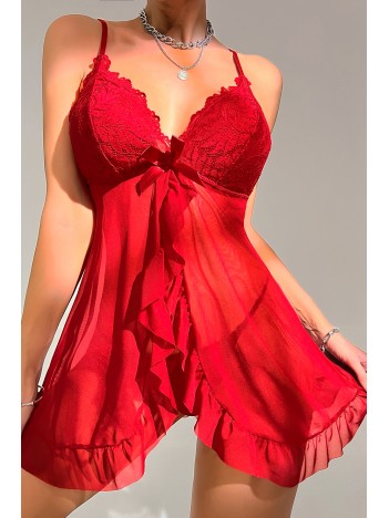 Kadın Kırmızı Dantelli, Fırfırlı Tül ve Fiyonk Detaylı Tangalı Gecelik Takımı – Modern, Konforlu