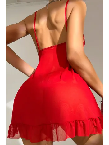 Kadın Kırmızı Dantelli, Fırfırlı Tül Ve Fiyonk Detaylı Tangalı Gecelik Takımı – Modern, Konforlu