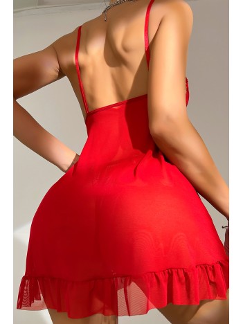 Kadın Kırmızı Dantelli, Fırfırlı Tül ve Fiyonk Detaylı Tangalı Gecelik Takımı – Modern, Konforlu