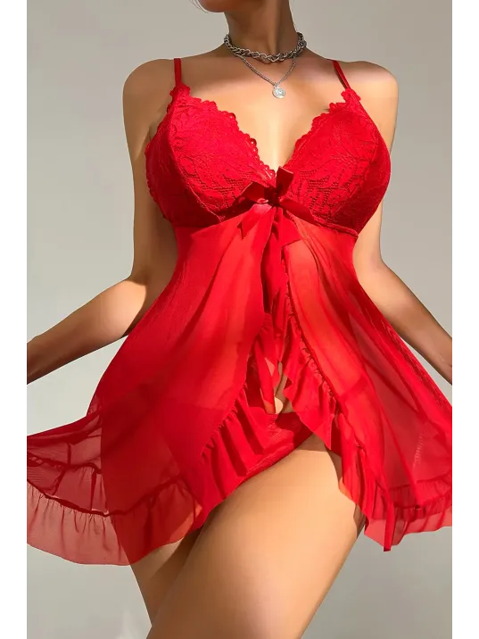 Kadın Kırmızı Dantelli, Fırfırlı Tül Ve Fiyonk Detaylı Tangalı Gecelik Takımı – Modern, Konforlu