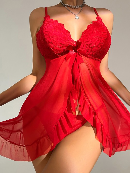 Kadın Kırmızı Dantelli, Fırfırlı Tül ve Fiyonk Detaylı Tangalı Gecelik Takımı – Modern, Konforlu Kadın Kırmızı Dantelli, Fırfırlı Tül ve Fiyonk Detaylı Tangalı Gecelik Takımı – Modern, Konforlu