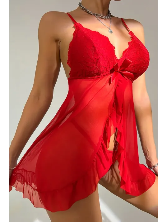 Kadın Kırmızı Dantelli, Fırfırlı Tül Ve Fiyonk Detaylı Tangalı Gecelik Takımı – Modern, Konforlu