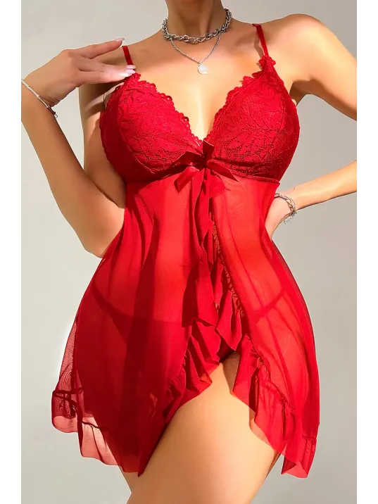 Kadın Kırmızı Dantelli, Fırfırlı Tül Ve Fiyonk Detaylı Tangalı Gecelik Takımı – Modern, Konforlu