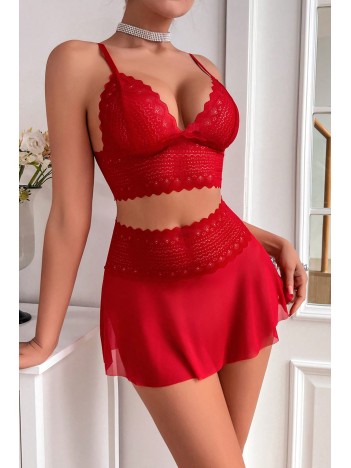 Kadın Kırmızı Dantel ve Tül Detaylı Etekli Şık Gecelik Takımı – Modern, Konforlu