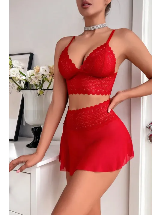 Kadın Kırmızı Dantel Ve Tül Detaylı Etekli Şık Gecelik Takımı – Modern, Konforlu