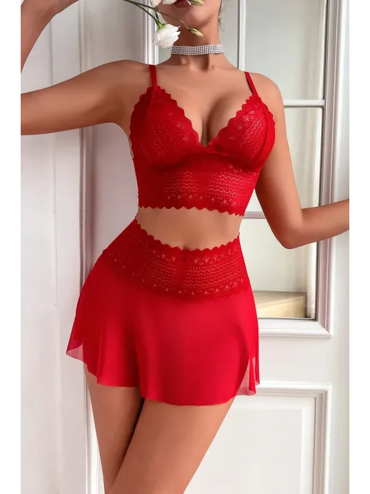 Kadın Kırmızı Dantel Ve Tül Detaylı Etekli Şık Gecelik Takımı – Modern, Konforlu