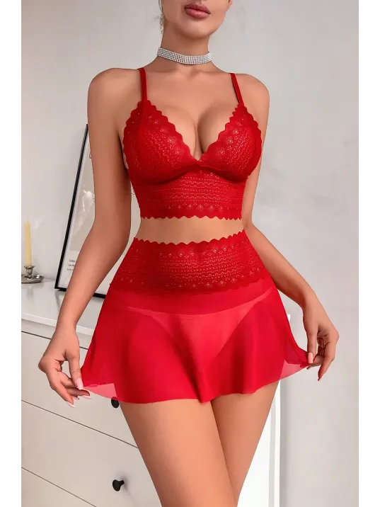 Kadın Kırmızı Dantel Ve Tül Detaylı Etekli Şık Gecelik Takımı – Modern, Konforlu