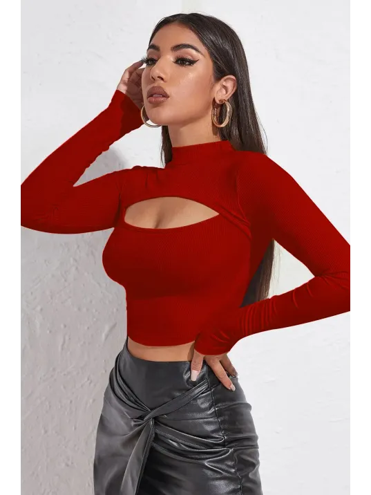 Kadın Kırmızı Göğüs Dekolteli Uzun Kollu Cut Out Crop Top Bluz – Şık, Rahat Ve Kolay Kombinlenebilir