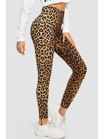 Kadın Leopar Desenli Yüksek Bel Dar Kesim Esnek Tayt – Modern Ve Şık Tasarım