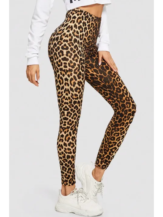 Kadın Leopar Desenli Yüksek Bel Dar Kesim Esnek Tayt – Modern Ve Şık Tasarım