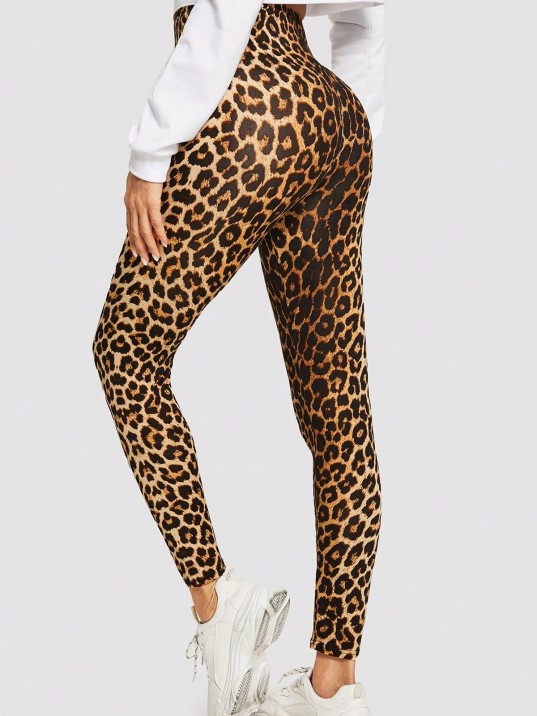 Kadın Leopar Desenli Yüksek Bel Dar Kesim Esnek Tayt – Modern ve Şık Tasarım
