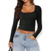 Kadın Siyah Kare Yaka Dantelli Uzun Kollu Crop Top Bluz – Şık, Rahat ve Kolay Kombinlenebilir