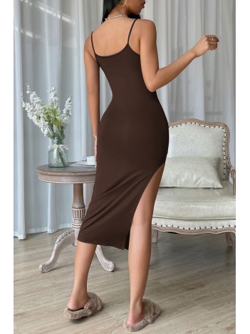 Kadın Kahverengi Yırtmaçlı Diz Altı Vücüdu Saran Gecelik – Modern Ve Şık Tasarım