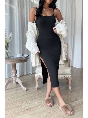 Kadın Siyah Yırtmaçlı Diz Altı Vücüdu Saran Gecelik