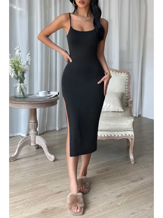 Kadın Siyah Yırtmaçlı Diz Altı Vücüdu Saran Gecelik