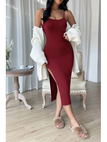 Kadın Bordo Yırtmaçlı Diz Altı Vücüdu Saran Gecelik