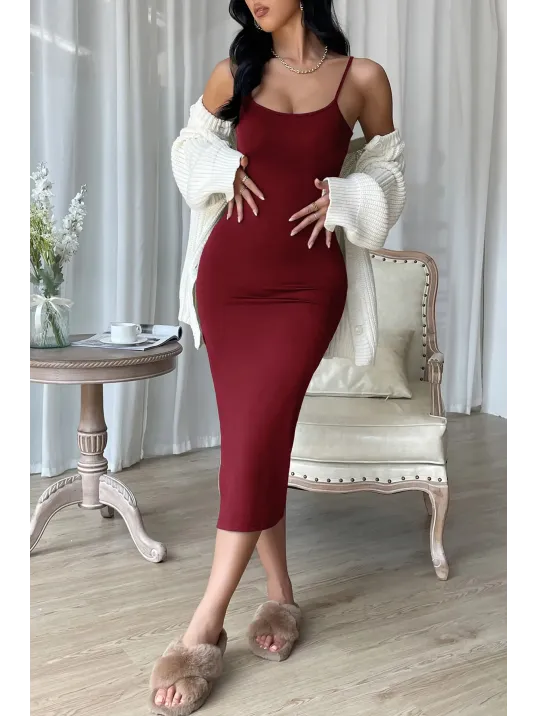 Kadın Bordo Yırtmaçlı Diz Altı Vücüdu Saran Gecelik