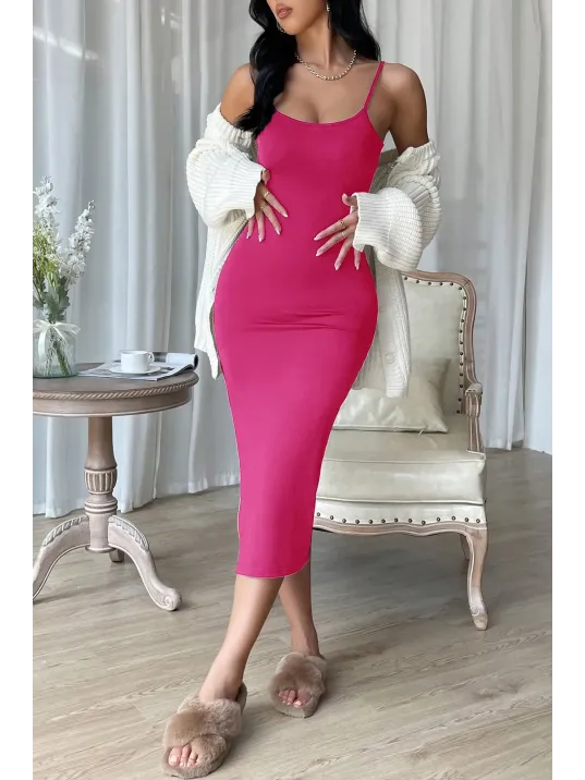 Kadın Fuşya Yırtmaçlı Diz Altı Vücüdu Saran Gecelik