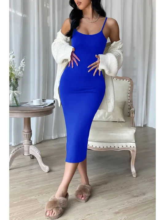 Kadın Mavi Yırtmaçlı Diz Altı Vücüdu Saran Gecelik