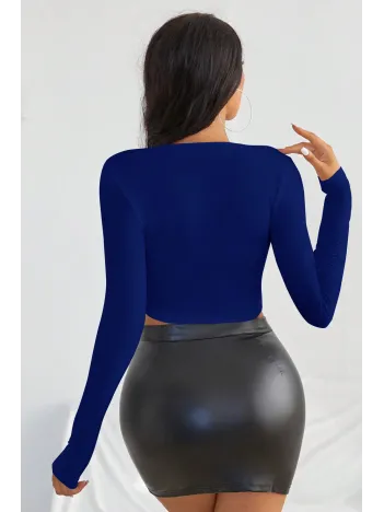 Kadın Mavi Uzun Kol Kare Yaka Crop Top Bluz – Şık, Rahat Ve Kolay Kombinlenebilir