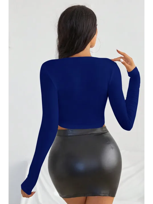 Kadın Mavi Uzun Kol Kare Yaka Crop Top Bluz – Şık, Rahat Ve Kolay Kombinlenebilir