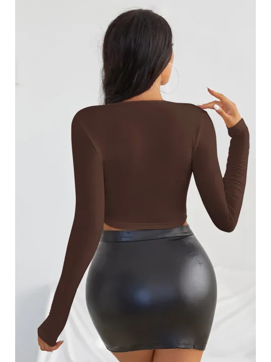 Kadın Kahverengi Uzun Kol Kare Yaka Crop Top Bluz – Şık, Rahat Ve Kolay Kombinlenebilir