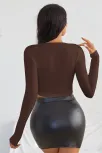 Kadın Kahverengi Uzun Kol Kare Yaka Crop Top Bluz – Şık, Rahat Ve Kolay Kombinlenebilir