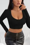 Kadın Siyah Uzun Kol Kare Yaka Crop Top Bluz – Şık, Rahat Ve Kolay Kombinlenebilir