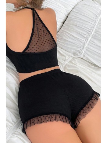 Kadın Siyah Kaşkorse Sırt ve Bacak Kısmı Puantiyeli Şortlu Gecelik Takım – Modern, Konforlu