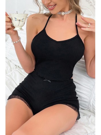 Kadın Siyah Kaşkorse Sırt Ve Bacak Kısmı Puantiyeli Şortlu Gecelik Takım – Modern, Konforlu Kadın Siyah Kaşkorse Sırt Ve Bacak Kısmı Puantiyeli Şortlu Gecelik Takım – Modern, Konforlu