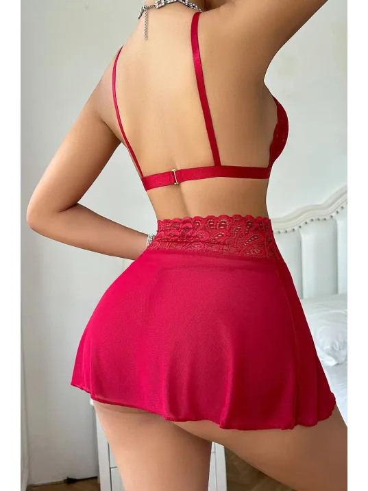 Kadın Kırmızı Göğsü Ve Beli Dantel Detaylı Etekli Takım – Modern, Konforlu