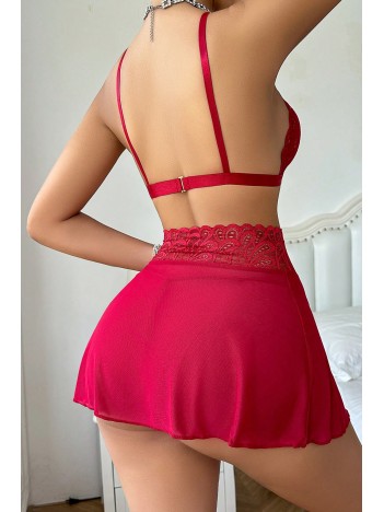 Kadın Kırmızı Göğsü ve Beli Dantel Detaylı Etekli Takım – Modern, Konforlu