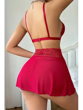Kadın Kırmızı Göğsü Ve Beli Dantel Detaylı Etekli Takım – Modern, Konforlu Kadın Kırmızı Göğsü Ve Beli Dantel Detaylı Etekli Takım – Modern, Konforlu