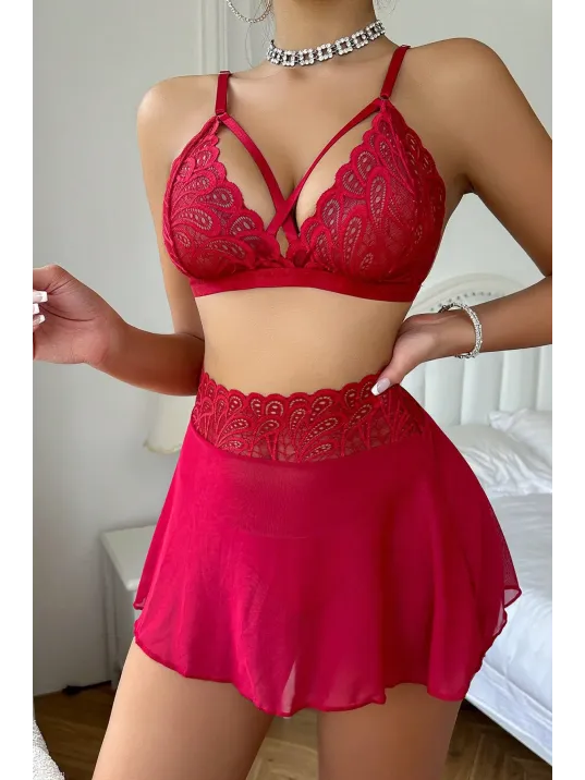 Kadın Kırmızı Göğsü Ve Beli Dantel Detaylı Etekli Takım – Modern, Konforlu