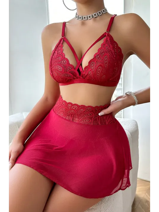 Kadın Kırmızı Göğsü Ve Beli Dantel Detaylı Etekli Takım – Modern, Konforlu