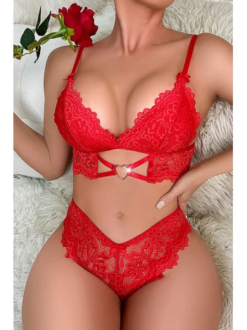 Kadın Kırmızı Kalp Tokalı Çapraz Lastik Detaylı Dantel İç Çamaşır Takımı – Modern, Konforlu