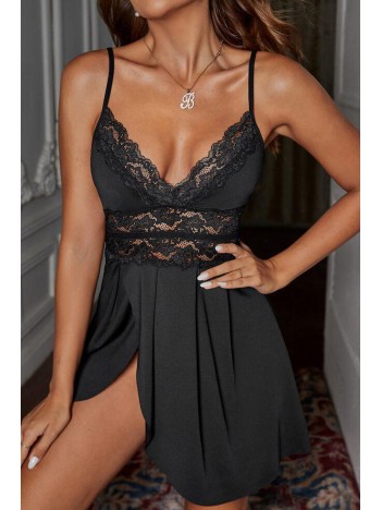 Kadın Siyah Göğsü ve Beli Dantel Detaylı Yırtmaçlı Gecelik – Modern ve Şık Tasarım