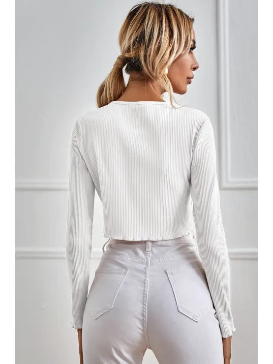 Kadın Beyaz Uzun Kollu Önden Bağlama Detaylı Crop Top Bluz – Şık, Rahat Ve Kolay Kombinlenebilir