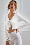 Kadın Beyaz Uzun Kollu Önden Bağlama Detaylı Crop Top Bluz – Şık, Rahat Ve Kolay Kombinlenebilir