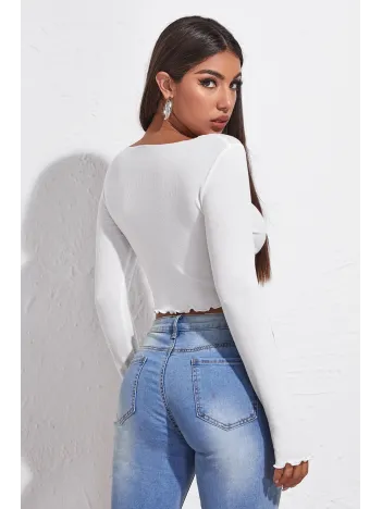 Kadın Beyaz Uzun Kollu Büzdürme Bağcık Detaylı Crop Top Bluz – Şık, Rahat Ve Kolay Kombinlenebilir