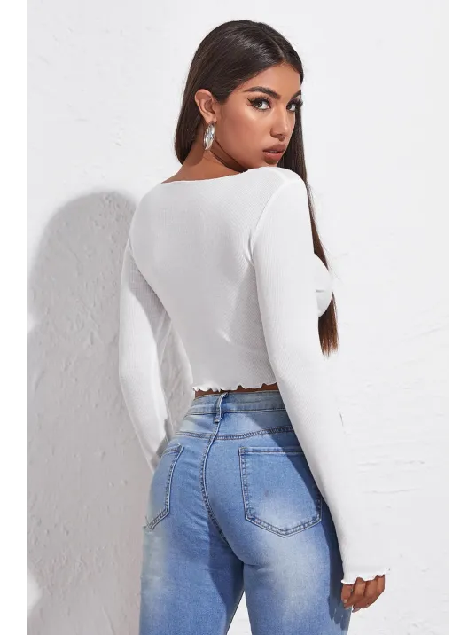 Kadın Beyaz Uzun Kollu Büzdürme Bağcık Detaylı Crop Top Bluz – Şık, Rahat Ve Kolay Kombinlenebilir