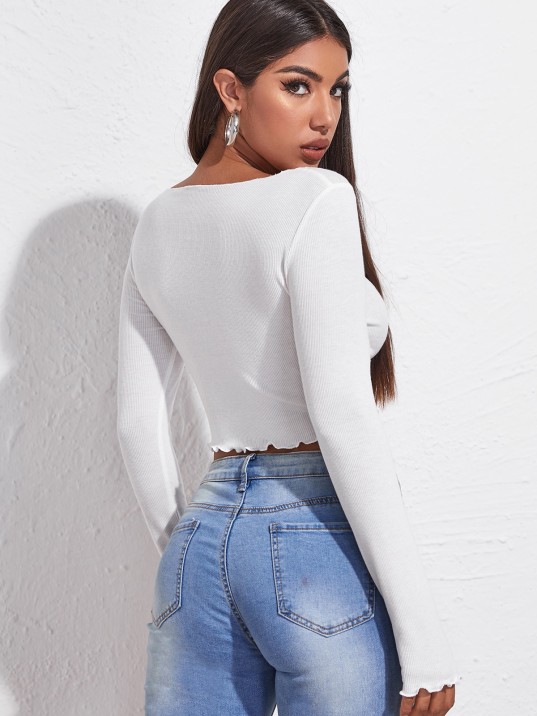 Kadın Beyaz Uzun Kollu Büzdürme Bağcık Detaylı Crop Top Bluz – Şık, Rahat Ve Kolay Kombinlenebilir